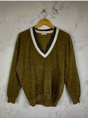 Brunello Cucinelli Golden Tan V-Neck Sweater with Black and Cream T